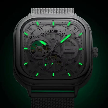 Mark Fairwhale 6014 Men's Automatic Movement Mechanical Watch Square Dial Stainless Steel Waterproof Mesh Strap Watches for Men