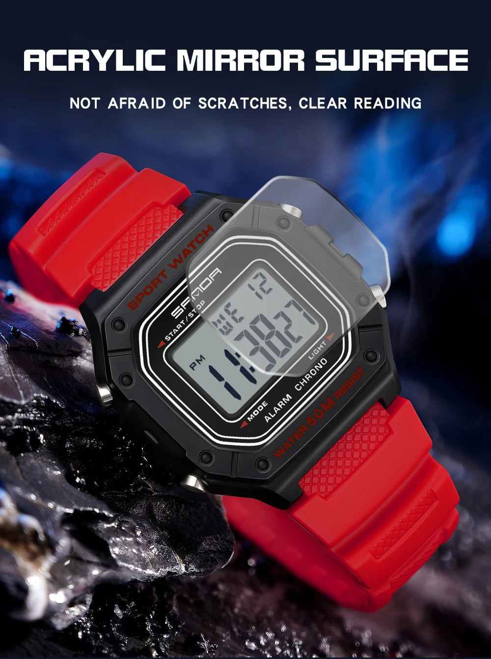SANDA Fashion 2156 Men's Electronic Watch Movement Rectangular Sports Waterproof LED Display Screen Dial Men's Electronic Watch