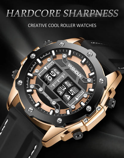YASHIDUN Men Quartz Watch Roller Digital Dial Design Silicone Strap Versatile Wristwatch Clock Waterproof Military Sports Clock