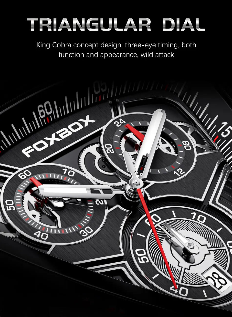 FOXBOX Fashion Luxury Quartz Man Watch Creative Big Dial Chronograph Date Nylon Strap Casual Sport Triangle Men's Watches Clocks