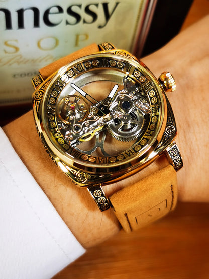 Forsining Vintage Square Skeleton Automatic Mechanical Watch for Men Engraved Case Steel Leather Strap Business Mens Watches