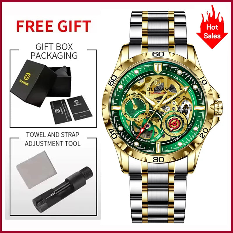 2025 New GLENAW Design Luxury Mechanical Watch Men Stainless Steel Strap Night Light 24-hour Display Waterproof Automatic Watch