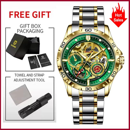 2025 New GLENAW Design Luxury Mechanical Watch Men Stainless Steel Strap Night Light 24-hour Display Waterproof Automatic Watch