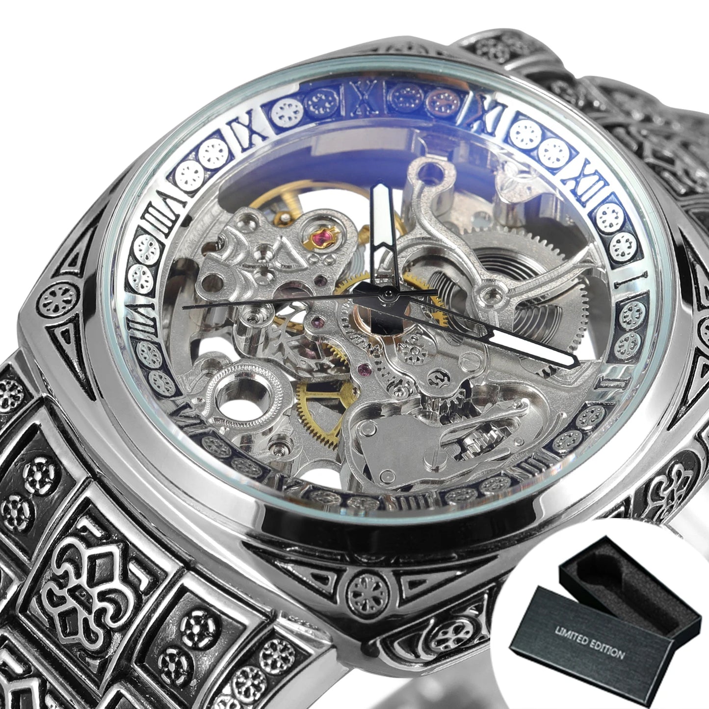 Forsining Gold Square Skeleton Automatic Mechanical Watches Engraved Design Luminous Hands Stainless Steel Strap Retro Men Watch