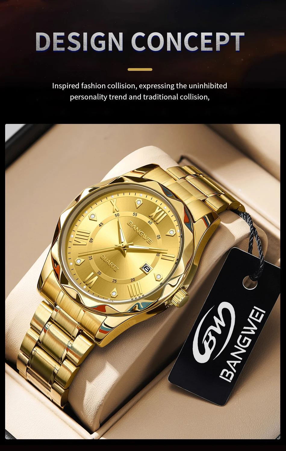 BANGWEI Quartz Watch For Men Luxury Calendar Waterproof Business Men's Wristwatch Luminous Big Dial Simple Man Watch hombre