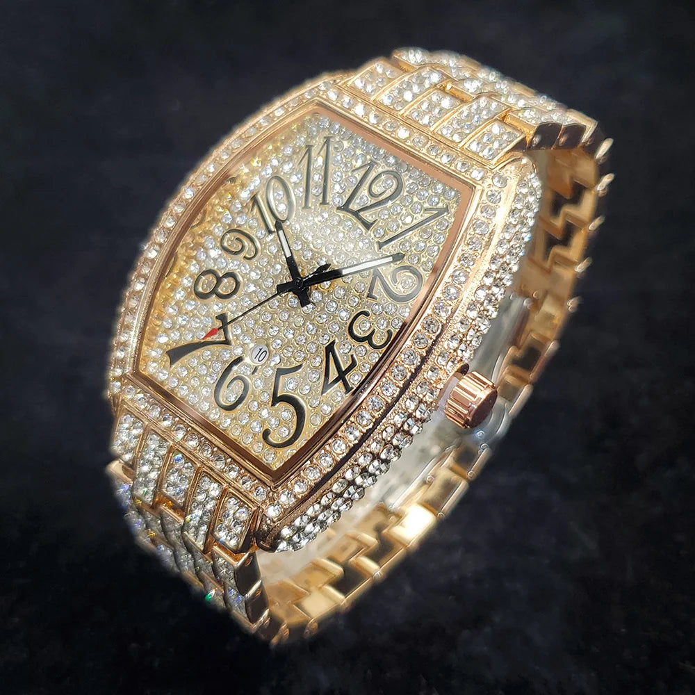 1pcs Quartz Men's Watch Luxury Fashion Wristwatch Hip-Hop Street Style Full Diamond Tonneau Date Watches for Party Accessory