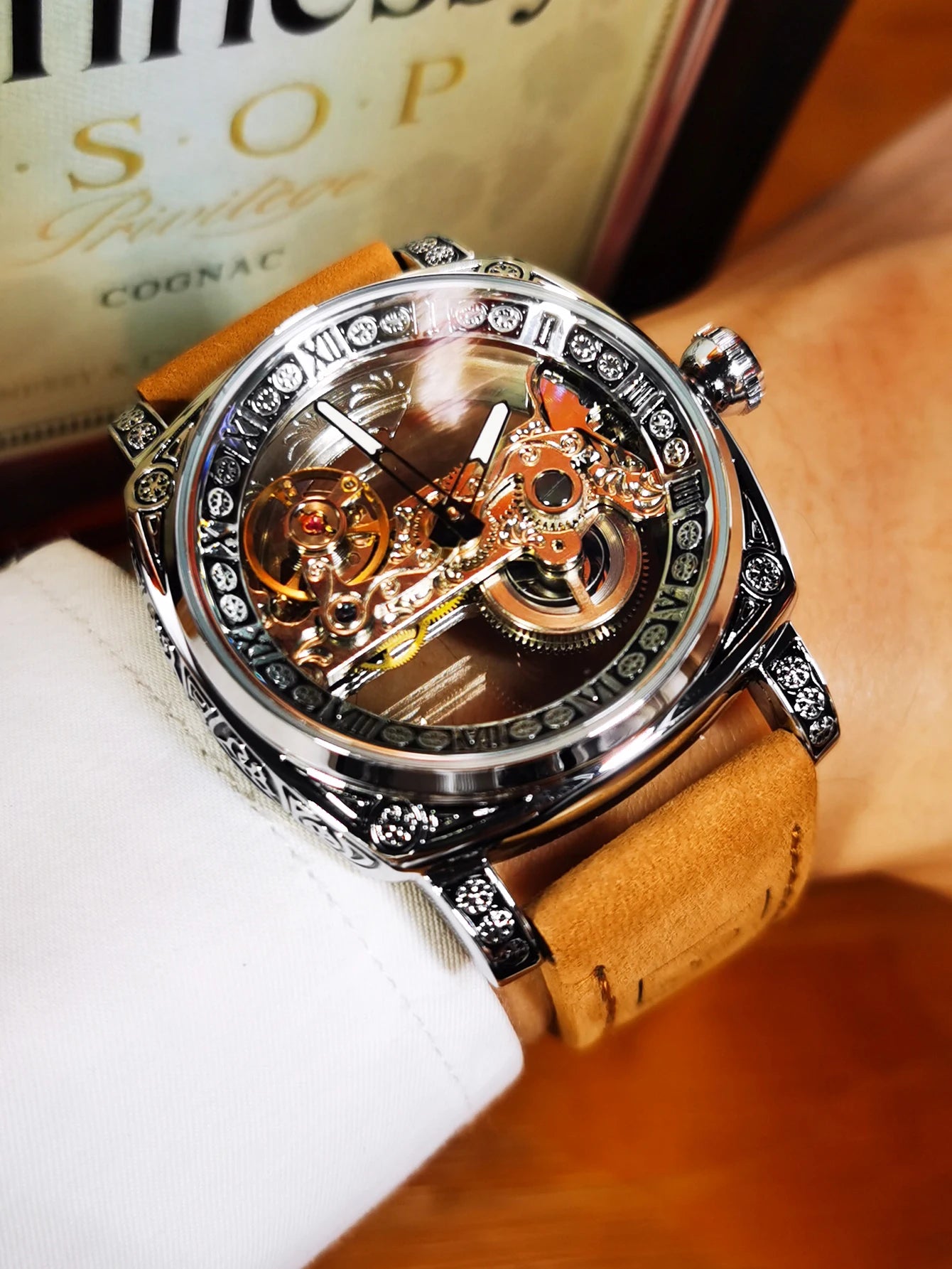 Forsining Vintage Square Skeleton Automatic Mechanical Watch for Men Engraved Case Steel Leather Strap Business Mens Watches