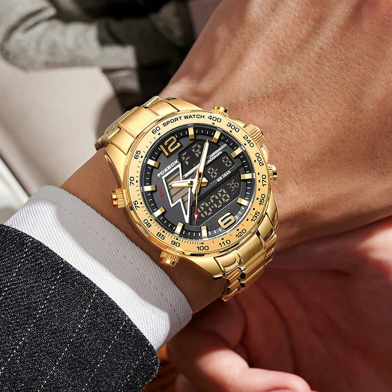 FOXBOX New Men Watches Dual Display 30M Waterproof Date Clock Wristwatch Fashion Sports Watch for Men Electronic Watches Man+Box