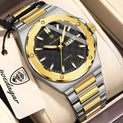 POEDAGAR Original Men Clock Quartz Date Week Luxury Man Wristwatch Waterproof Luminous Stainless Steel Sport Men's Watches Reloj