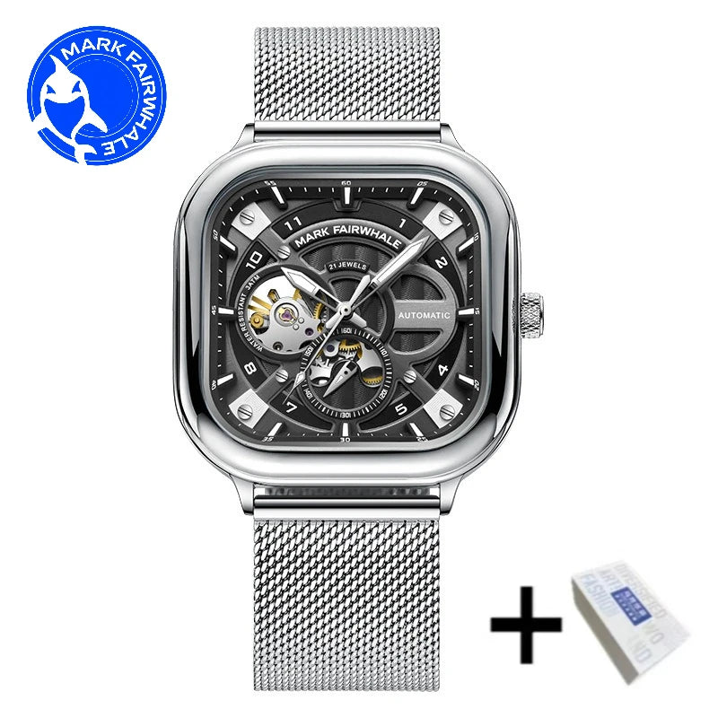 Mark Fairwhale 6014 Men's Automatic Movement Mechanical Watch Square Dial Stainless Steel Waterproof Mesh Strap Watches for Men