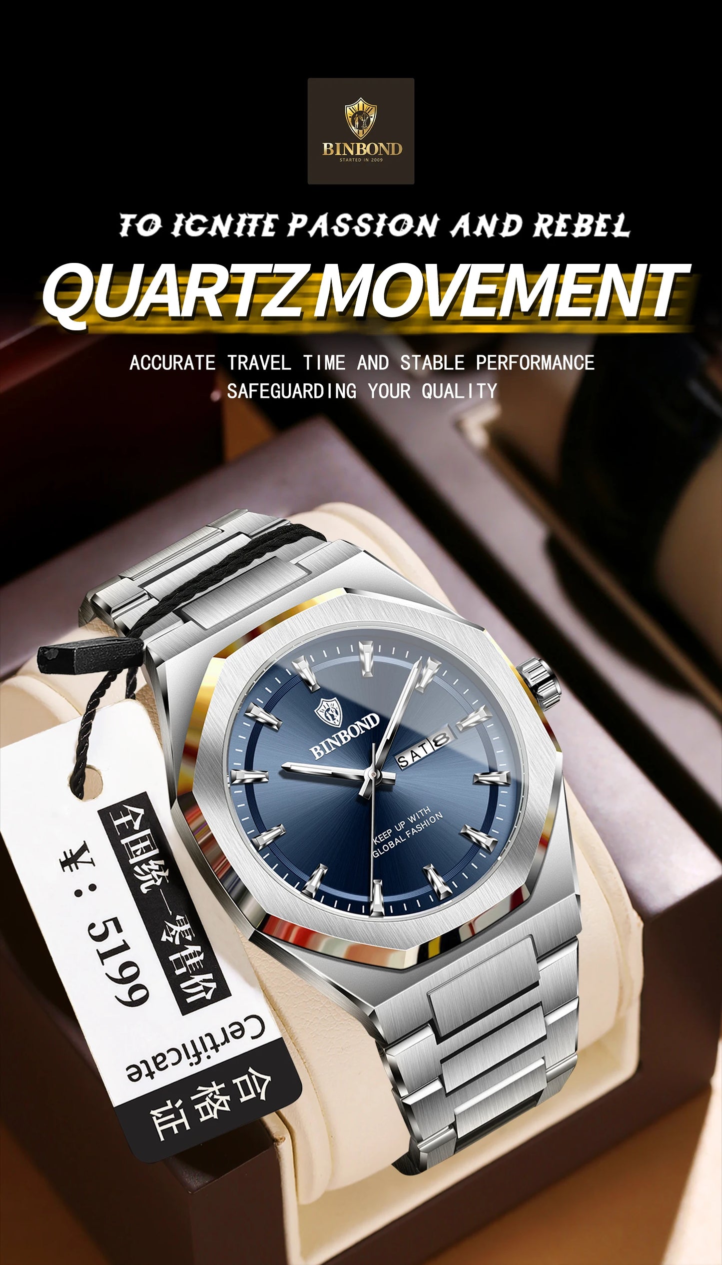 BINBOND Fashionable Men's Quartz Watch Dual Calendar Night Light Waterproof Trend Casual Business Sports Male Quartz Wristwatch