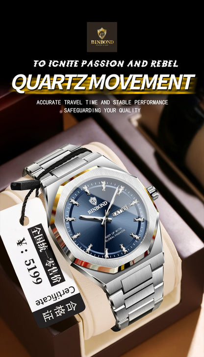 BINBOND Fashionable Men's Quartz Watch Dual Calendar Night Light Waterproof Trend Casual Business Sports Male Quartz Wristwatch