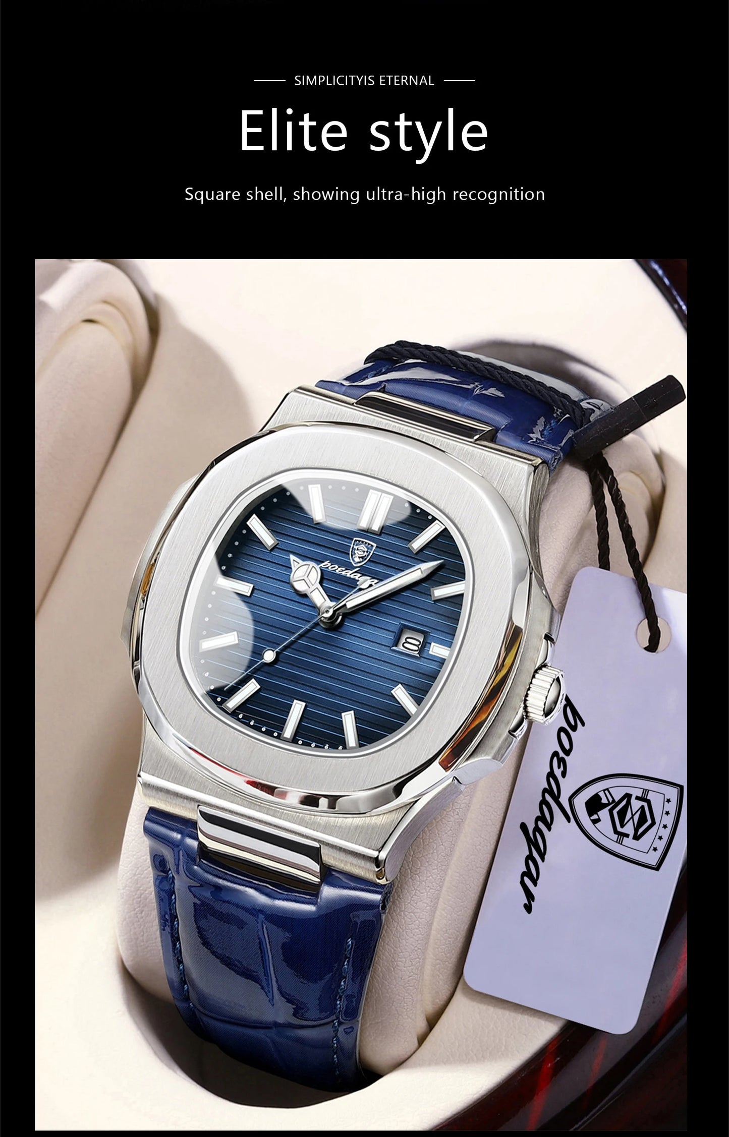 POEDAGAR Top Square Man Watch Date Waterproof Luminous Luxury Men Wristwatch High Quality Leather Men's Quartz Watches+Box Reloj