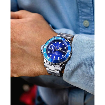 TEVISE Men's Luxury Automatic Mechanical Watch Blue Ocean Dial Stainless Steel Sport Watch, Business Casual Style with Date D