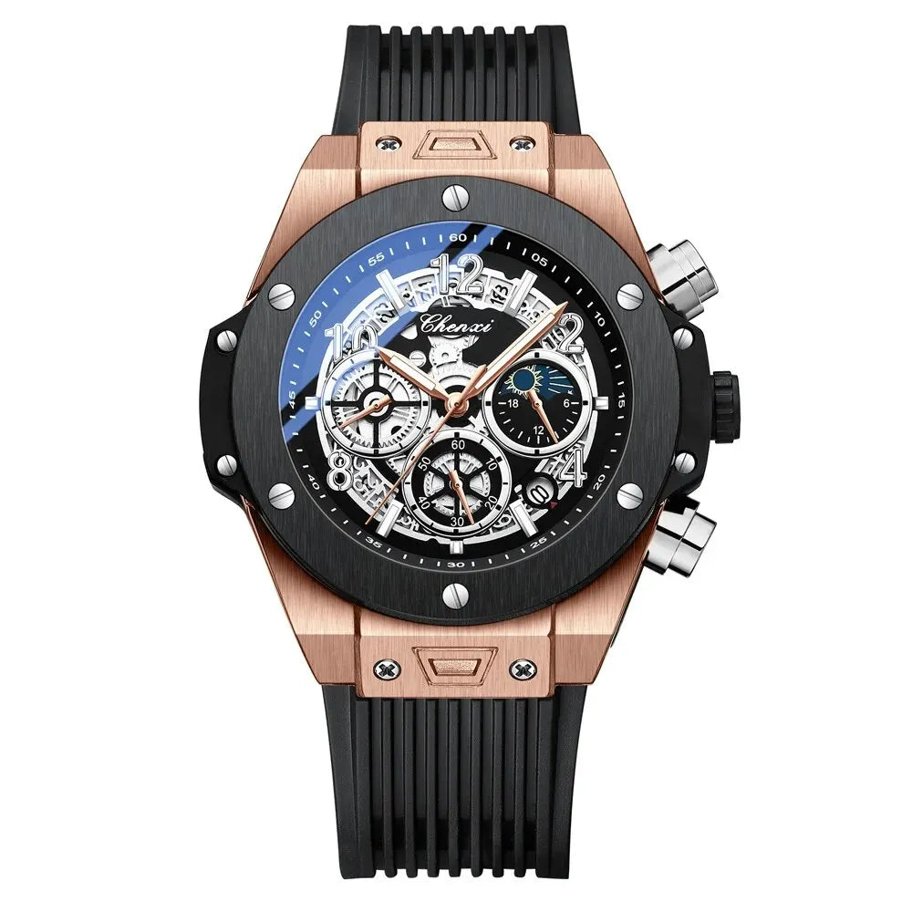 CHENXI Men's Fashion Silicone Chronograph Watch Multifunctional Cool Luminous Quartz Starry Lunar Phases Sport Wristwatch