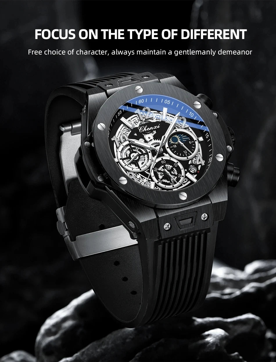 CHENXI Men's Fashion Silicone Chronograph Watch Multifunctional Cool Luminous Quartz Starry Lunar Phases Sport Wristwatch