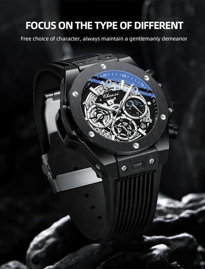 CHENXI Men's Fashion Silicone Chronograph Watch Multifunctional Cool Luminous Quartz Starry Lunar Phases Sport Wristwatch