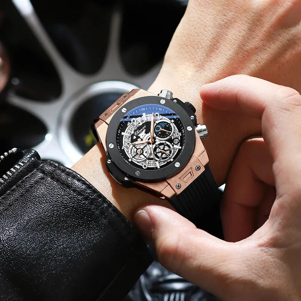 CHENXI Men's Fashion Silicone Chronograph Watch Multifunctional Cool Luminous Quartz Starry Lunar Phases Sport Wristwatch