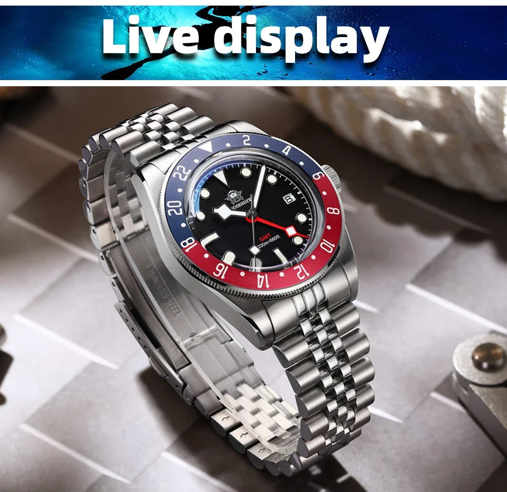 ADDIESDIVE Mens GMT Watches Luxury Stainless Steel Casual Quartz Watch Men Sport 200MM Waterproof Wristwatches Relogio Masculino