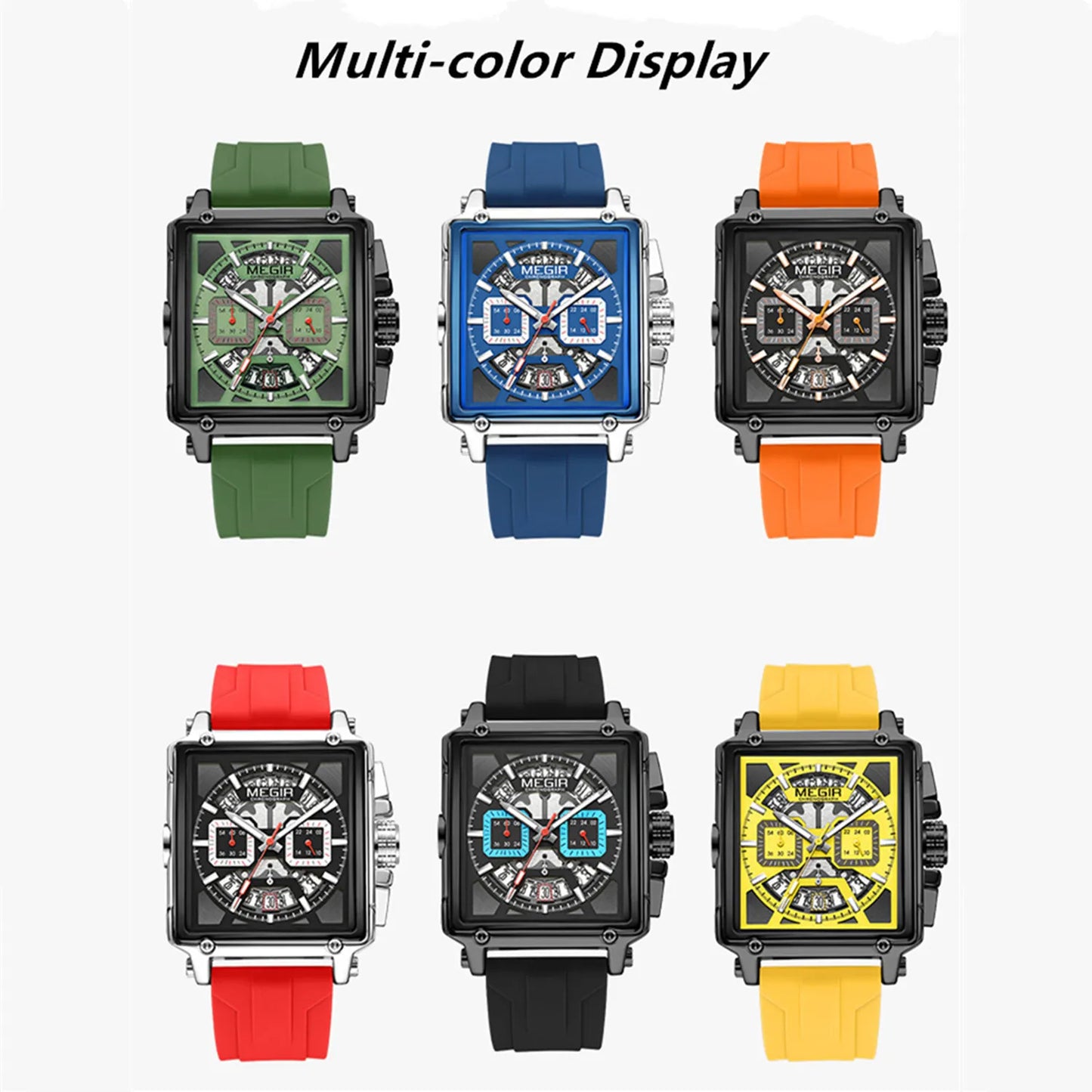 MEGIR Sport Watches for Men Waterproof Quartz Military Wristwatches Square Dial Male Chronograph Watch 24-hour Reloj Hombre 2233