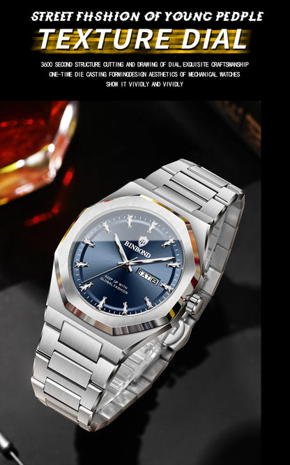BINBOND Fashionable Men's Quartz Watch Dual Calendar Night Light Waterproof Trend Casual Business Sports Male Quartz Wristwatch