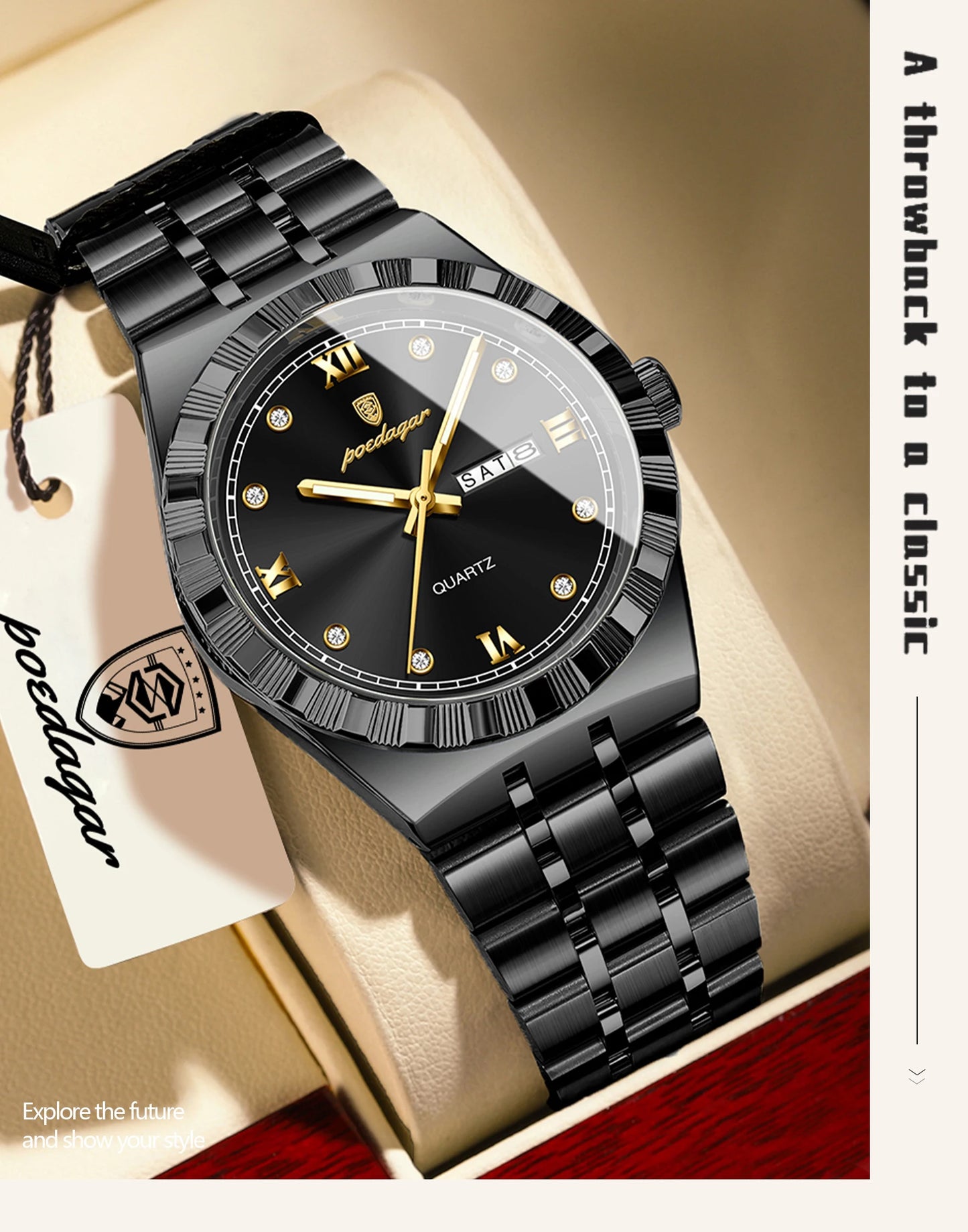 POEDAGAR Business Male Watches Waterproof Luminous Week Date Fashion Men's Wristwatch Stainless Steel Quartz Watch For Men Reloj