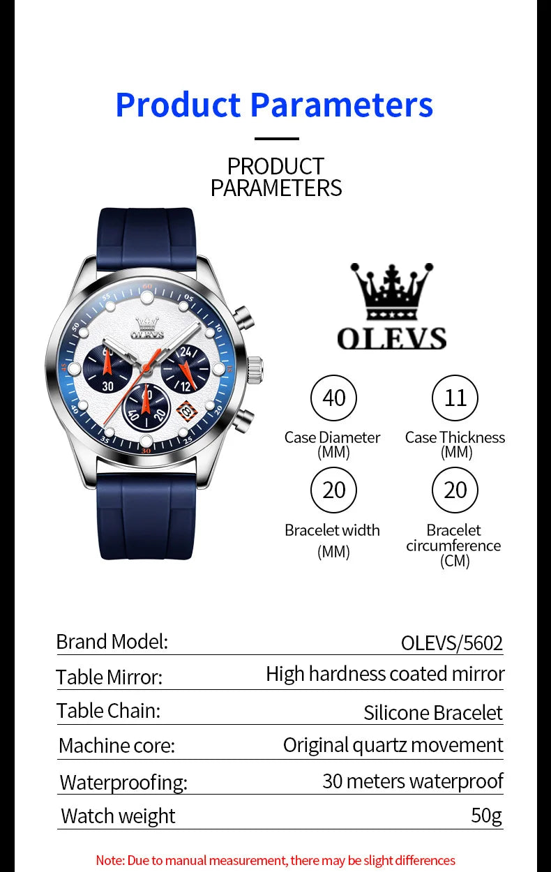 OLEVS 5602 Mens Watch Original Fashion Bright Colors Silicone Strap Quartz Wristwatch Waterproof Luminous Reloj Chronograph Date