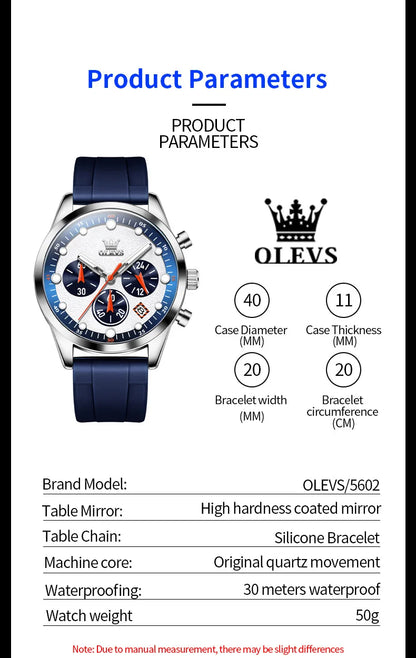 OLEVS 5602 Mens Watch Original Fashion Bright Colors Silicone Strap Quartz Wristwatch Waterproof Luminous Reloj Chronograph Date