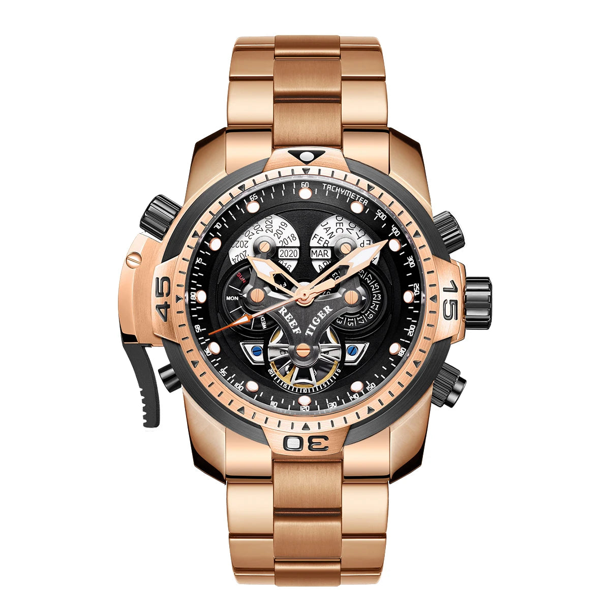 Reef Tiger/RT Designer Stainless Steel Completed Calendar Automatic Watch Men Date Rose Gold Bracelet Mechanical Watches RGA3503