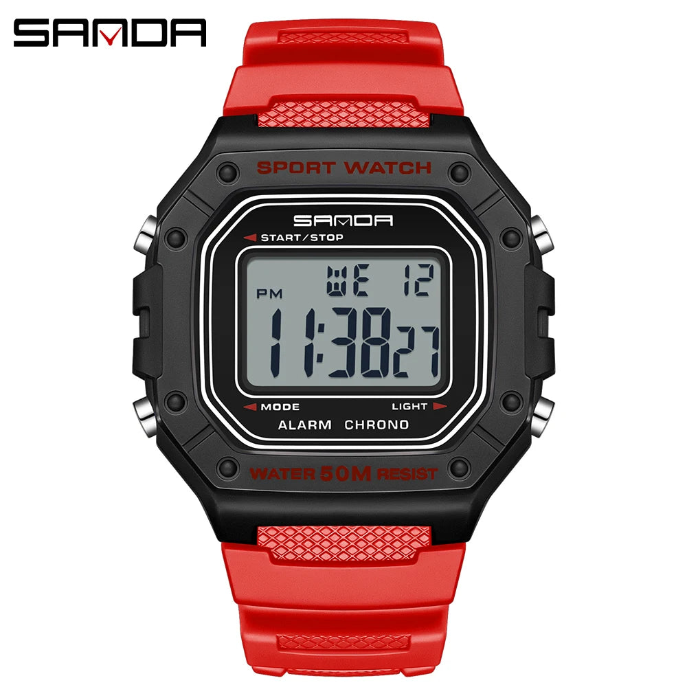 SANDA Fashion 2156 Men's Electronic Watch Movement Rectangular Sports Waterproof LED Display Screen Dial Men's Electronic Watch