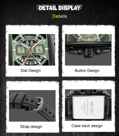 MEGIR Sport Watches for Men Waterproof Quartz Military Wristwatches Square Dial Male Chronograph Watch 24-hour Reloj Hombre 2233