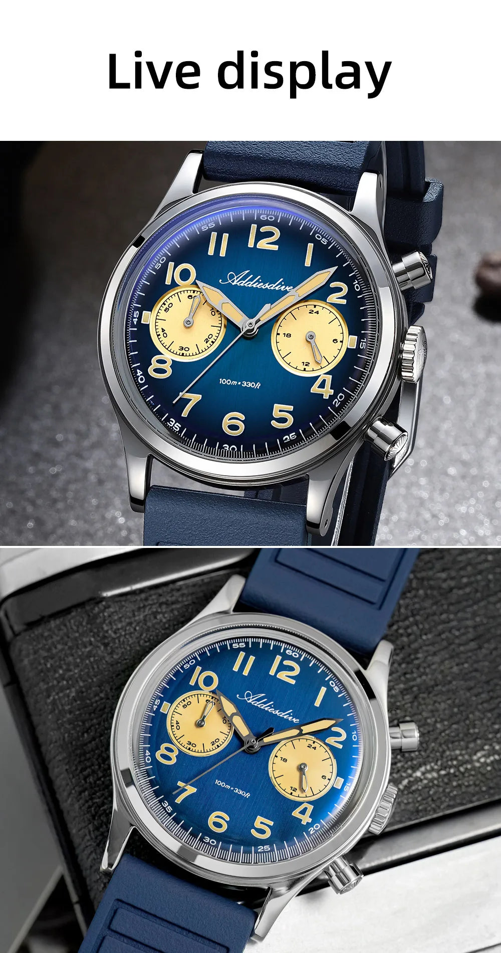 ADDIESDIVE Top Brand Man Watch 10Bar Waterproof AD2516 Super Luminous Bubble Mirror Glass VK64 Chronograph Quartz Steel Watch