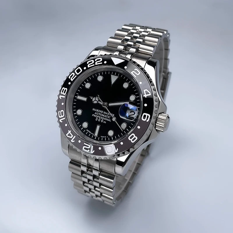 40MM Diameter YM Design Two-Way Rotating Bezel Sapphire Glass Luminous Dial for NH35 Movement Jubile Strap Luxury Men's Watch