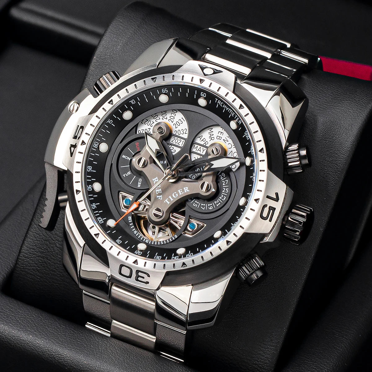 Reef Tiger/RT Designer Stainless Steel Completed Calendar Automatic Watch Men Date Rose Gold Bracelet Mechanical Watches RGA3503