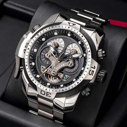 Reef Tiger/RT Designer Stainless Steel Completed Calendar Automatic Watch Men Date Rose Gold Bracelet Mechanical Watches RGA3503