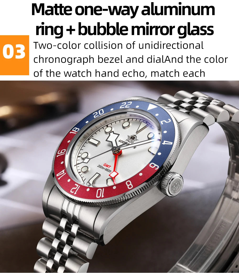 ADDIESDIVE Mens GMT Watches Luxury Stainless Steel Casual Quartz Watch Men Sport 200MM Waterproof Wristwatches Relogio Masculino