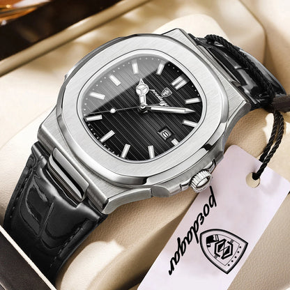 POEDAGAR Top Square Man Watch Date Waterproof Luminous Luxury Men Wristwatch High Quality Leather Men's Quartz Watches+Box Reloj