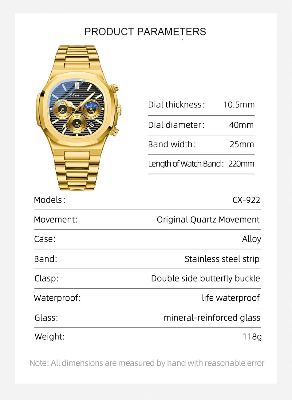 CHENXI Luxury Business Multifunctional Men's Watches Waterproof Chronograph Moonphase Stainless Steel Men's Quartz Watch Casual