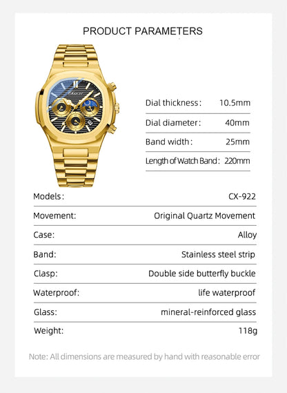 CHENXI Luxury Business Multifunctional Men's Watches Waterproof Chronograph Moonphase Stainless Steel Men's Quartz Watch Casual