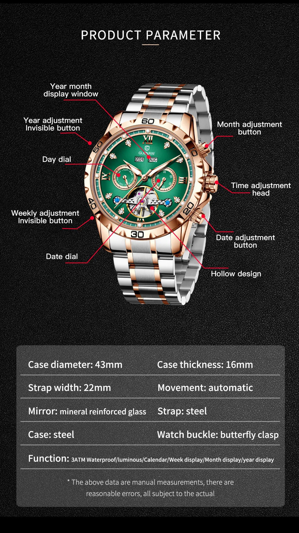 GLENAW NEW Year Month Sunday Multi-functional Mechanical Watch Men luxury Stainless Steel Waterproof Automatic watch steel strip