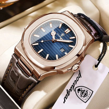 POEDAGAR Top Square Man Watch Date Waterproof Luminous Luxury Men Wristwatch High Quality Leather Men's Quartz Watches+Box Reloj