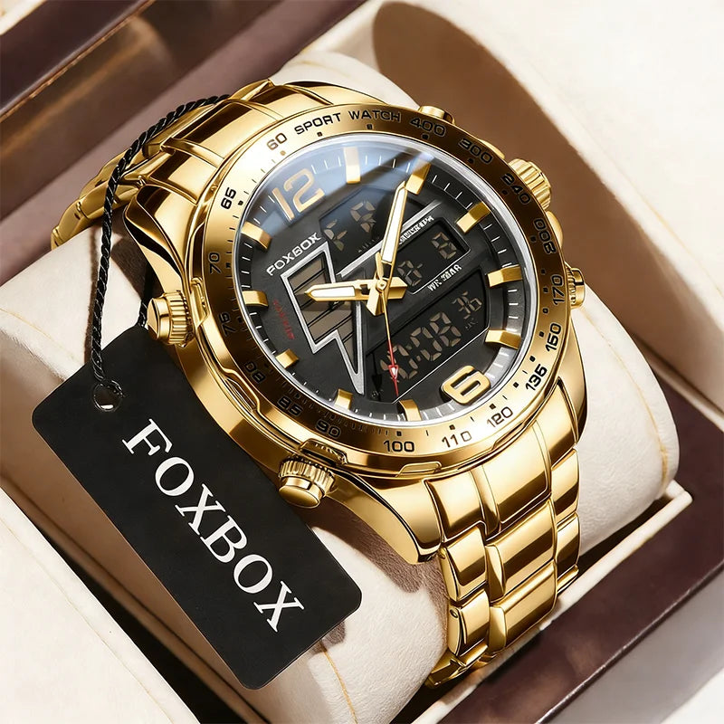 FOXBOX New Men Watches Dual Display 30M Waterproof Date Clock Wristwatch Fashion Sports Watch for Men Electronic Watches Man+Box