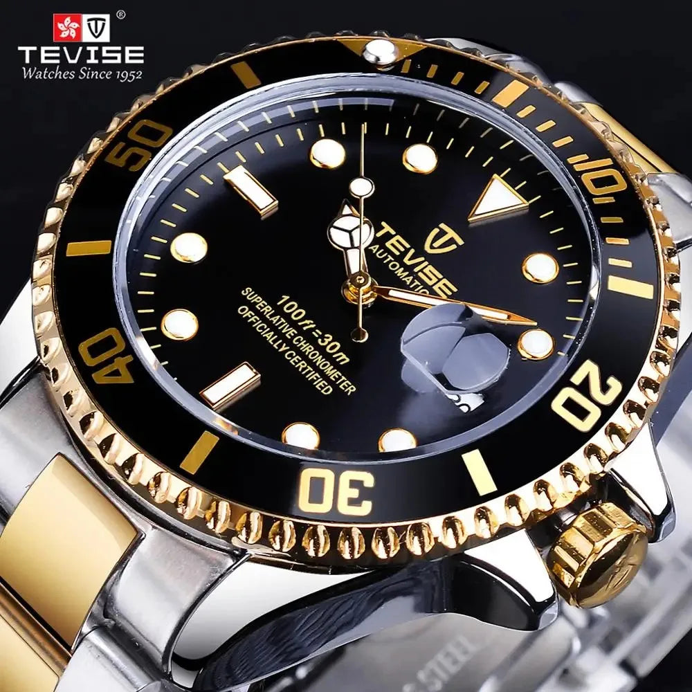 TEVISE Men's Luxury Automatic Mechanical Watch Blue Ocean Dial Stainless Steel Sport Watch, Business Casual Style with Date D