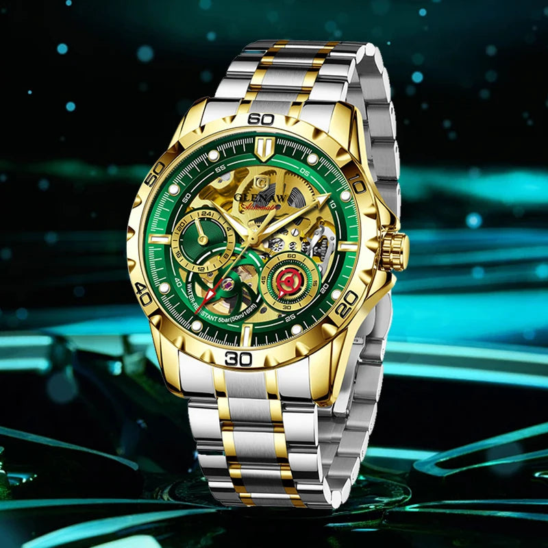 2025 New GLENAW Design Luxury Mechanical Watch Men Stainless Steel Strap Night Light 24-hour Display Waterproof Automatic Watch