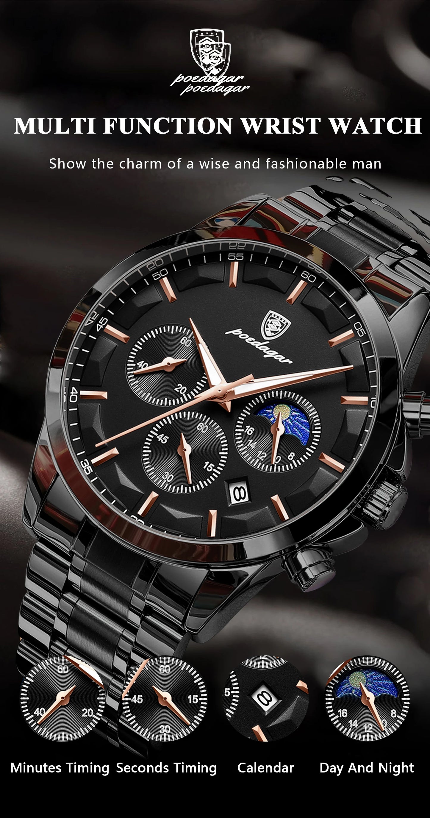 POEDAGAR Top Business Men's Watches Waterproof Luminous Stainless Steel Fashion Men Wristwatch Chronograph Date Man Quartz Watch