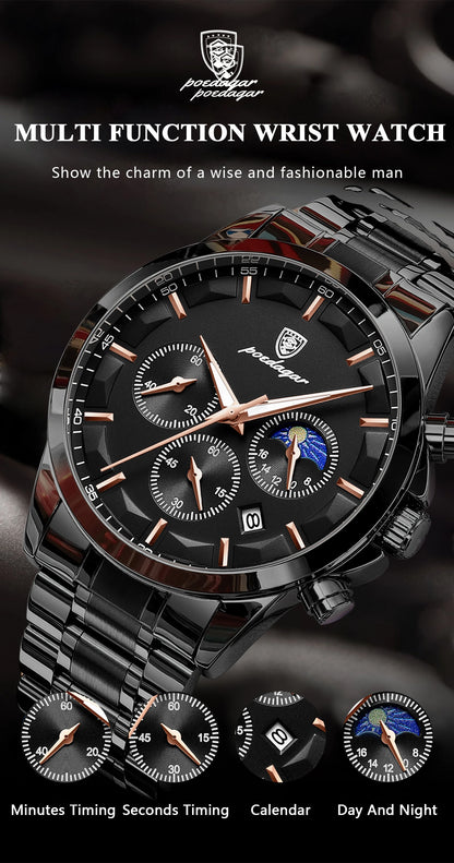 POEDAGAR Top Business Men's Watches Waterproof Luminous Stainless Steel Fashion Men Wristwatch Chronograph Date Man Quartz Watch