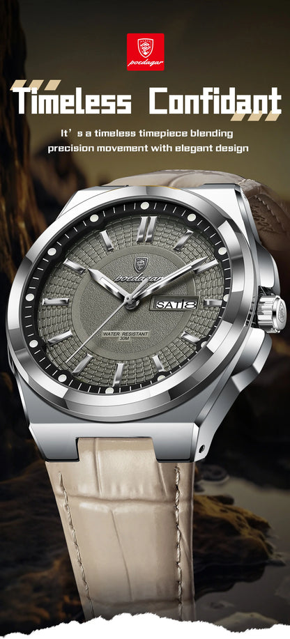 POEDAGAR High Quality Fashion Man Wristwatch Waterproof Luminous Date Week Business Quartz Men's Watches Leather Men Watch Reloj