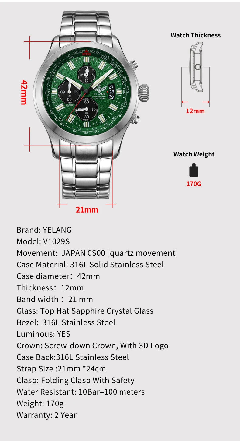 Yelang V1029S Men's Quartz Watch 42mm Japan OS00 Movement Luminous Stainless Steel 10Bar Waterproof Sports Watches