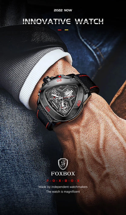 FOXBOX Fashion Luxury Quartz Man Watch Creative Big Dial Chronograph Date Nylon Strap Casual Sport Triangle Men's Watches Clocks