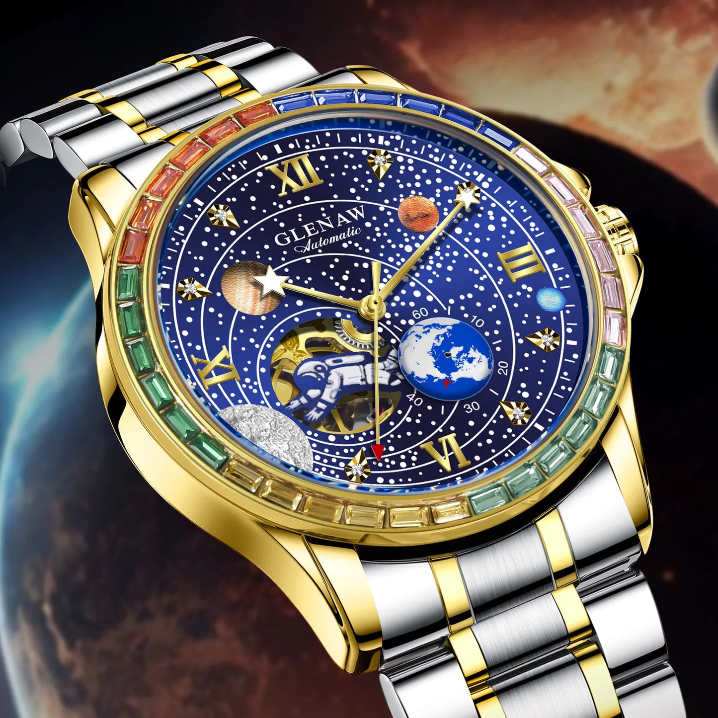 New GLENAW Rotating Earth Mechanical Watch Men Space astronaut dial Night Light Waterproof Stainless Steel Strap Automatic Watch